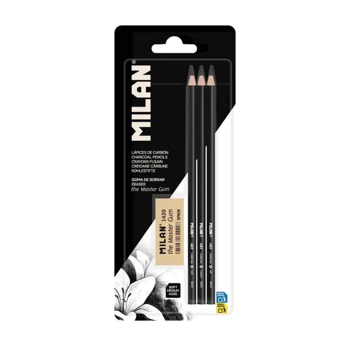 3 lapices carboncillo + borrador Master Gum